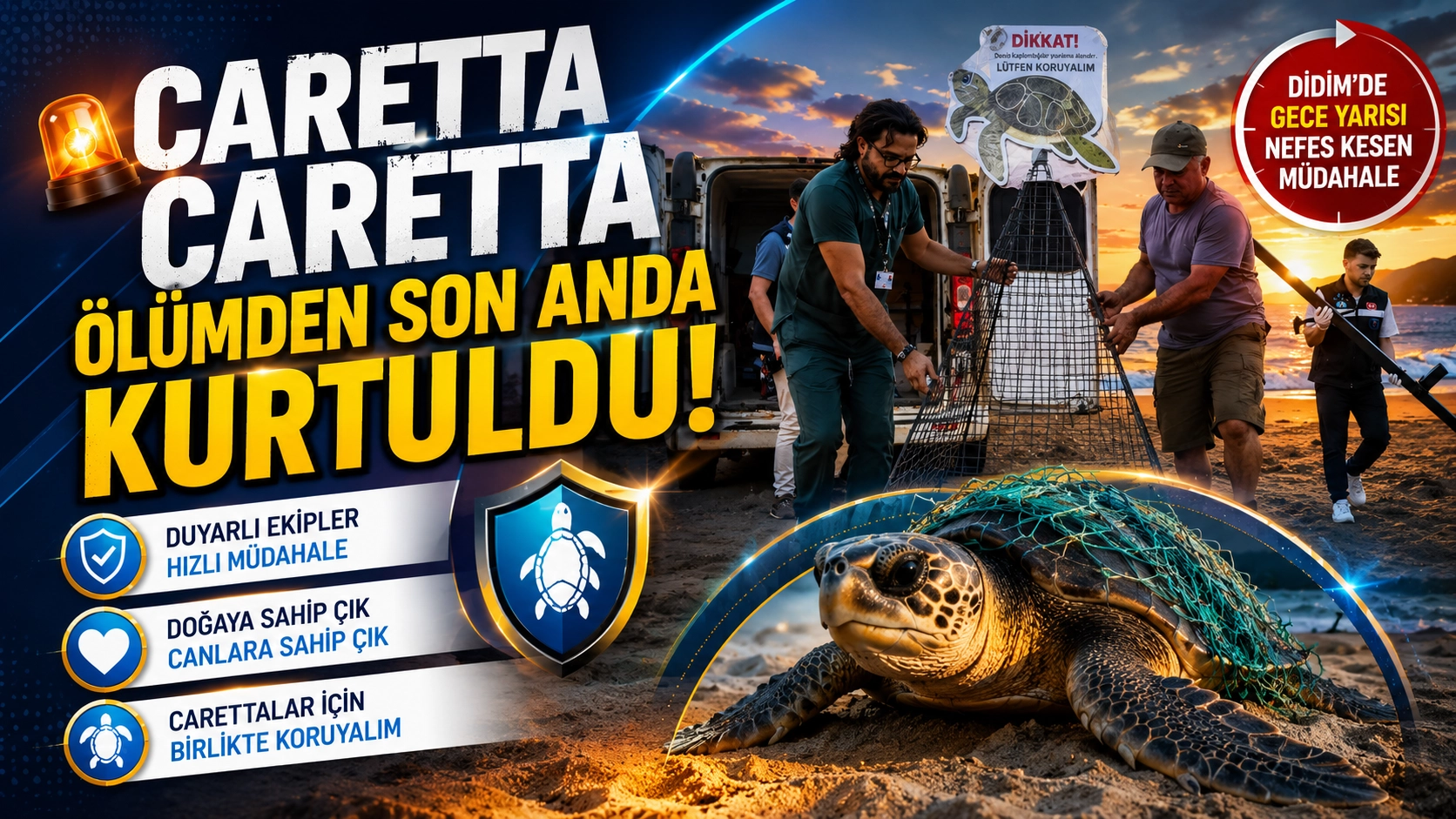 Didim'de Gece Yarısı Nefes Kesen Kurtarma! Caretta Caretta Son Anda Kurtuldu