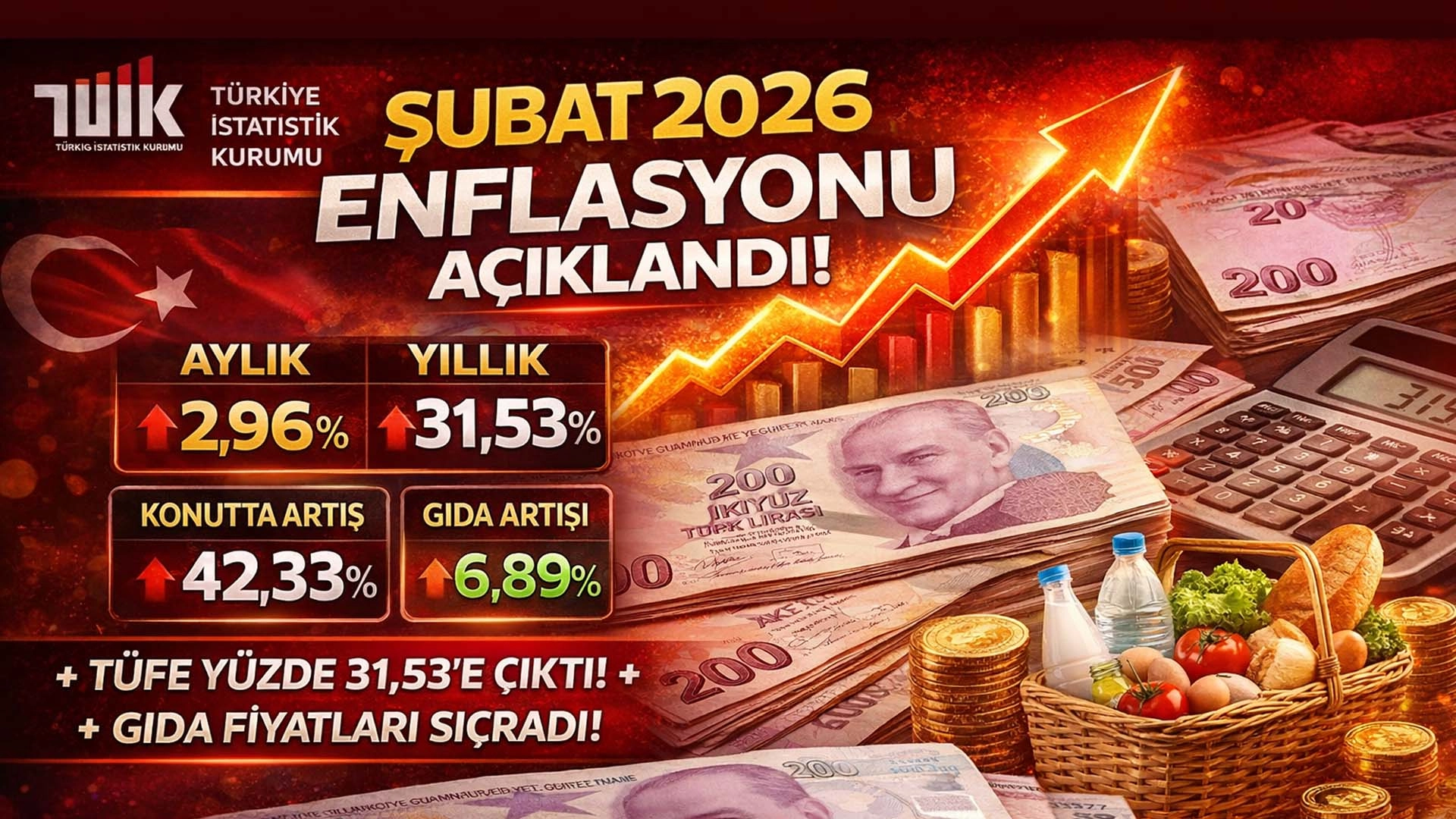 Şubat&rsquo;ta enflasyon yıllık y&uuml;zde 31,53, gıda aylık y&uuml;zde 6,89 arttı